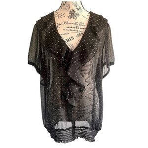 Addition Elle Sheer Polka Dot Ruffle Blouse – US 20p | Black & White